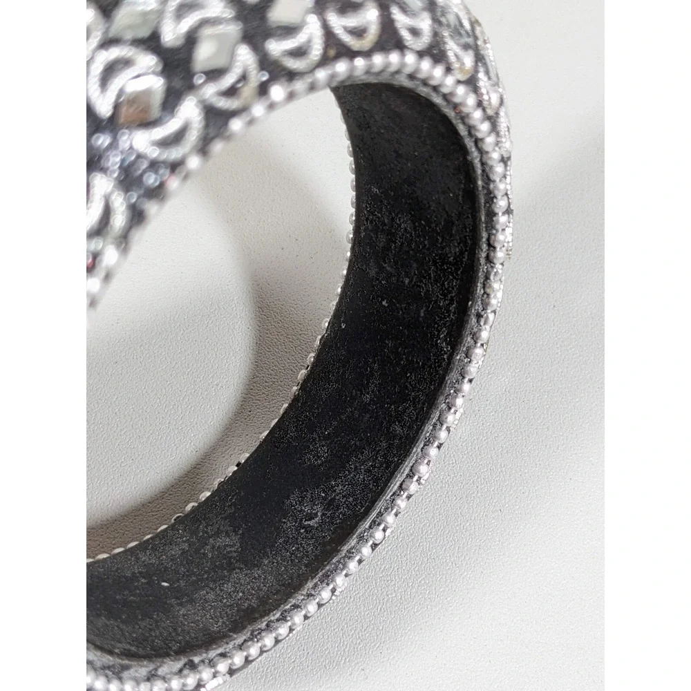 Black Silver‎ Tone mirror Crescent Moon Inlay Bangle Bracelet 8 inches